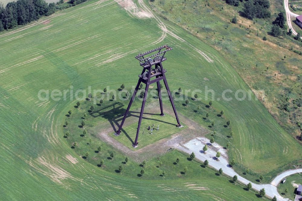 Löbichau from above - Tourist attraction of the historic monument Foerderturm der Wismut AG in Loebichau in the state Thuringia