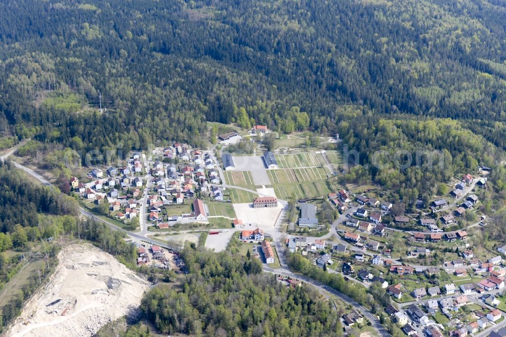 Flossenbürg from the bird's eye view: Tourist attraction of the historic monument KZ-Gedenkstaette Flossenbuerg on Gedaechtnisallee in Flossenbuerg in the state Bavaria, Germany