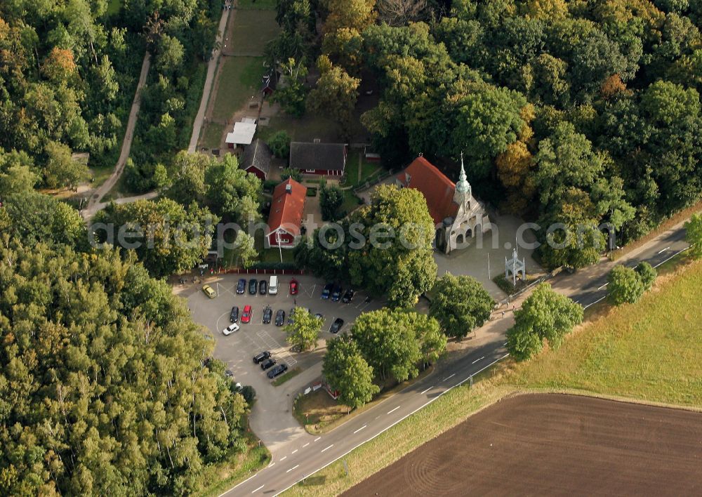 Aerial image Lützen - Tourist attraction of the historic monument Gustav-Adolf-Gedenkstaette on street Gustav-Adolf-Strasse in Luetzen in the state Saxony-Anhalt, Germany