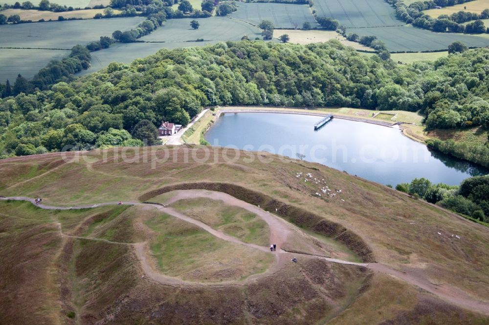 Aerial photograph Colwall - Tourist attraction of the historic monument prehistoric excavation Herefordshire beacon Malvern Hills Area of Outstanding Natural Beauty in Colwall in England, United Kingdom