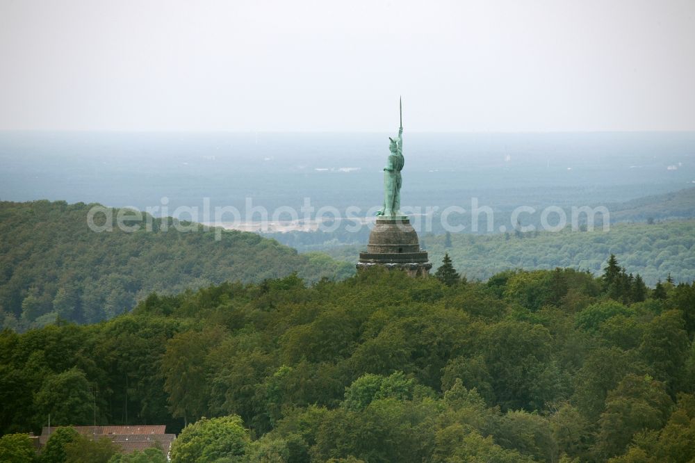 Detmold from above - Tourist attraction of the historic monument Hermannsdenkmal on forest Teuteburger Wald in Detmold in the state North Rhine-Westphalia