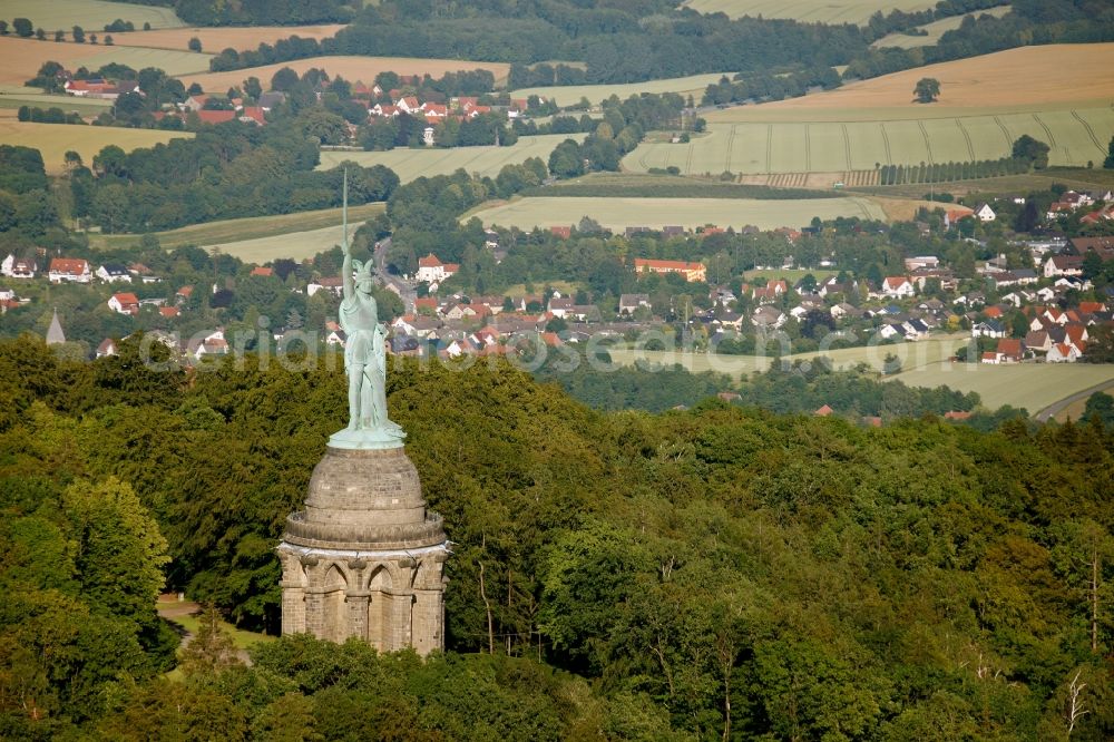 Detmold from above - Tourist attraction of the historic monument Hermannsdenkmal on forest Teuteburger Wald in Detmold in the state North Rhine-Westphalia