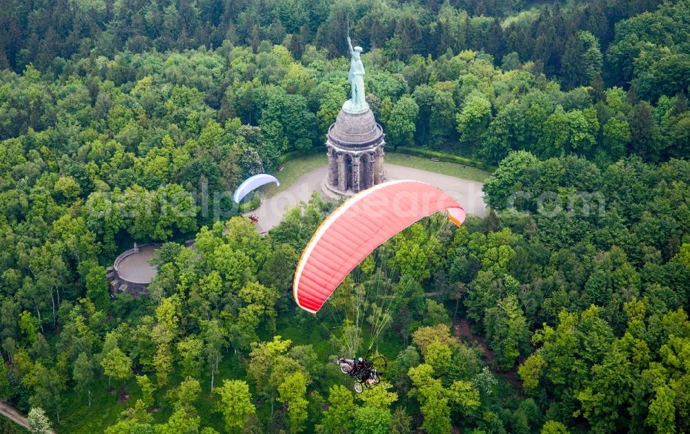 Detmold from above - Tourist attraction of the historic monument Hermannsdenkmal on forest Teuteburger Wald in Detmold in the state North Rhine-Westphalia