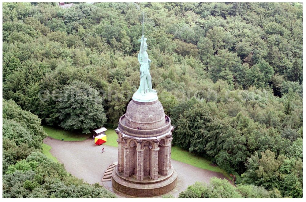 Detmold from above - Tourist attraction of the historic monument Hermannsdenkmal on forest Teuteburger Wald in Detmold in the state North Rhine-Westphalia