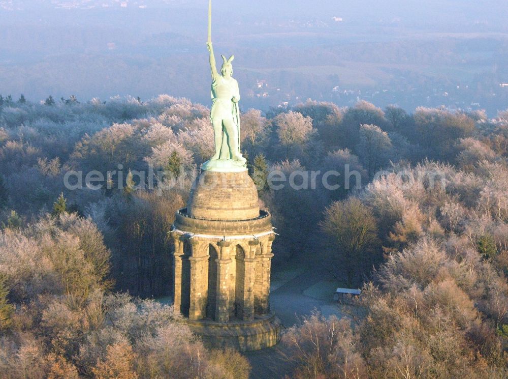 Detmold from above - Tourist attraction of the historic monument Hermannsdenkmal on forest Teuteburger Wald in Detmold in the state North Rhine-Westphalia