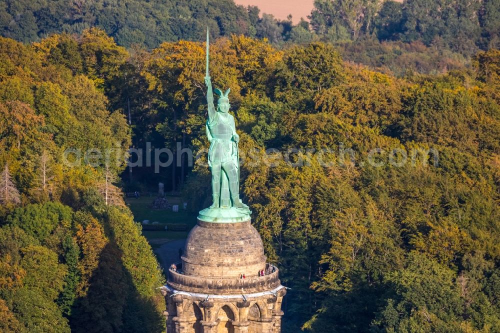 Detmold from above - Tourist attraction of the historic monument Hermannsdenkmal on forest Teuteburger Wald in Detmold in the state North Rhine-Westphalia