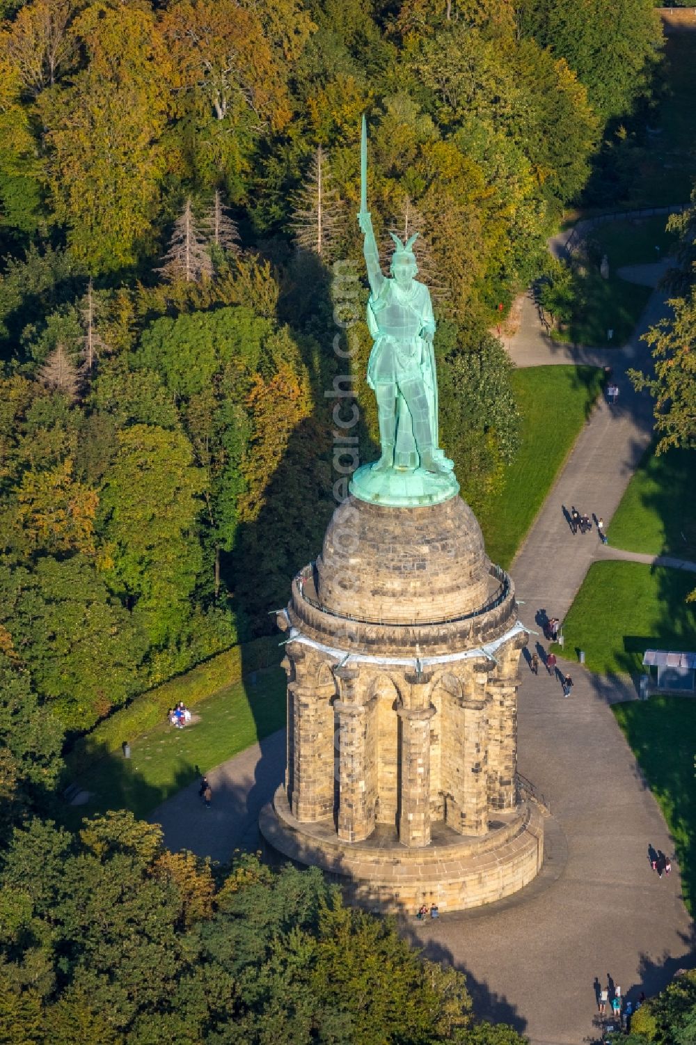 Detmold from above - Tourist attraction of the historic monument Hermannsdenkmal on forest Teuteburger Wald in Detmold in the state North Rhine-Westphalia