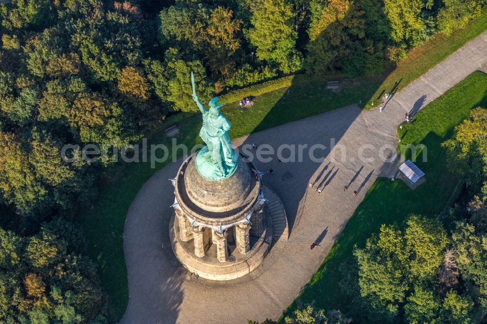 Aerial image Detmold - Tourist attraction of the historic monument Hermannsdenkmal on forest Teuteburger Wald in Detmold in the state North Rhine-Westphalia