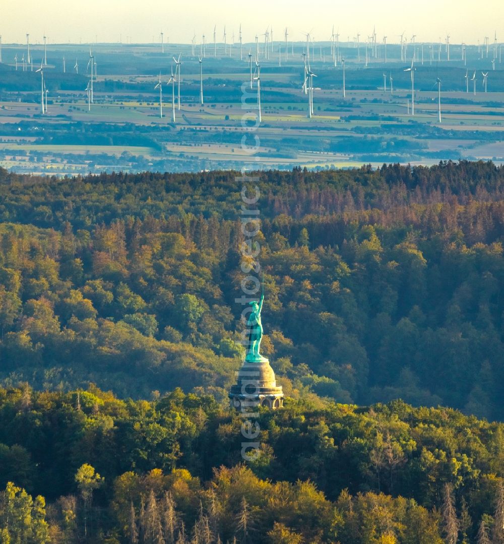 Detmold from above - Tourist attraction of the historic monument Hermannsdenkmal on forest Teuteburger Wald in Detmold in the state North Rhine-Westphalia