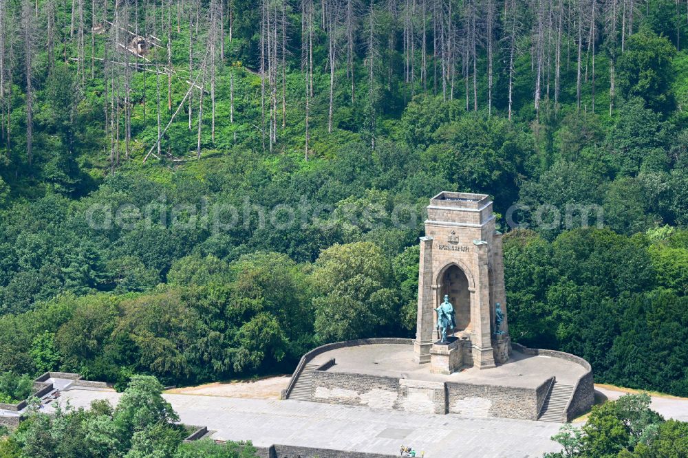 Dortmund from above - Tourist attraction of the historic monument Kaiser Wilhelm Denkmal on street Hohensyburgstrasse in the district Syburg in Dortmund at Ruhrgebiet in the state North Rhine-Westphalia, Germany