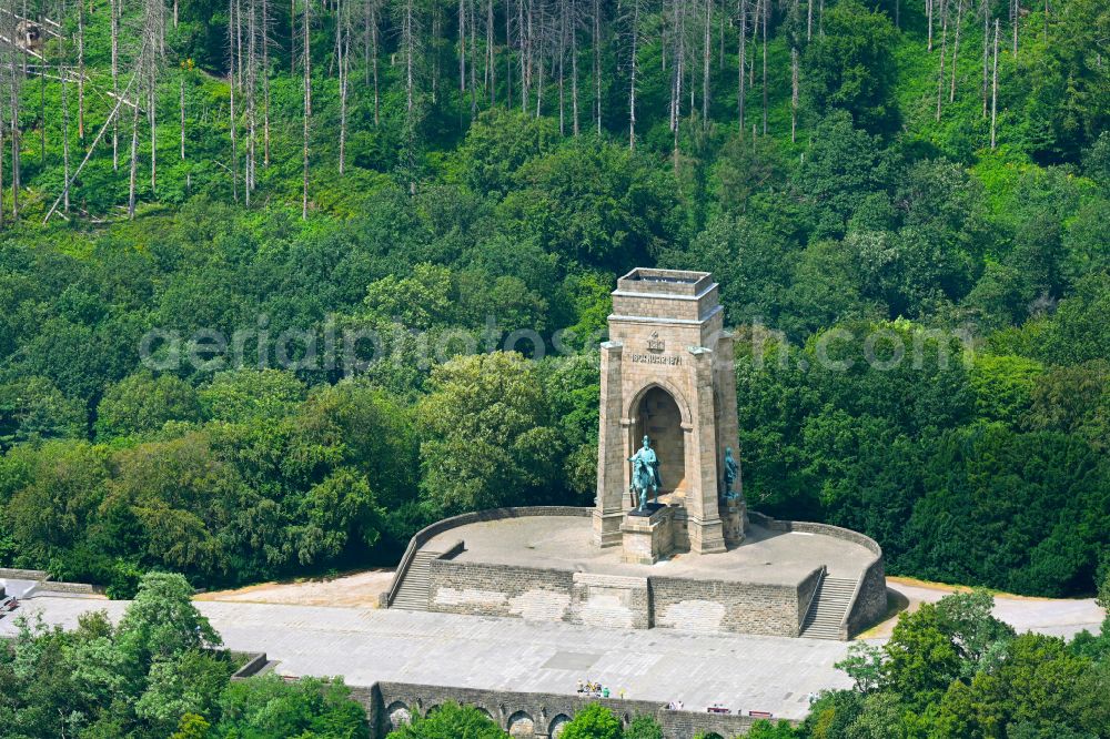 Dortmund from the bird's eye view: Tourist attraction of the historic monument Kaiser Wilhelm Denkmal on street Hohensyburgstrasse in the district Syburg in Dortmund at Ruhrgebiet in the state North Rhine-Westphalia, Germany