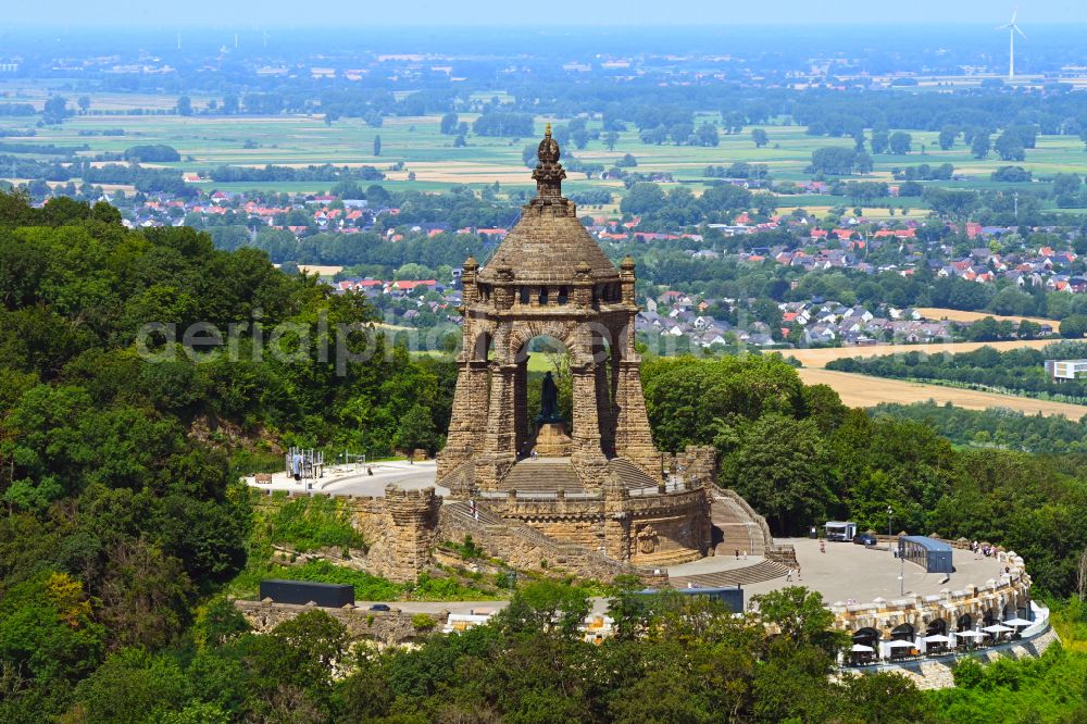 Porta Westfalica from above - Tourist attraction of the historic monument Kaiser-Wilhelm-Denkmal in Porta Westfalica in the state North Rhine-Westphalia, Germany