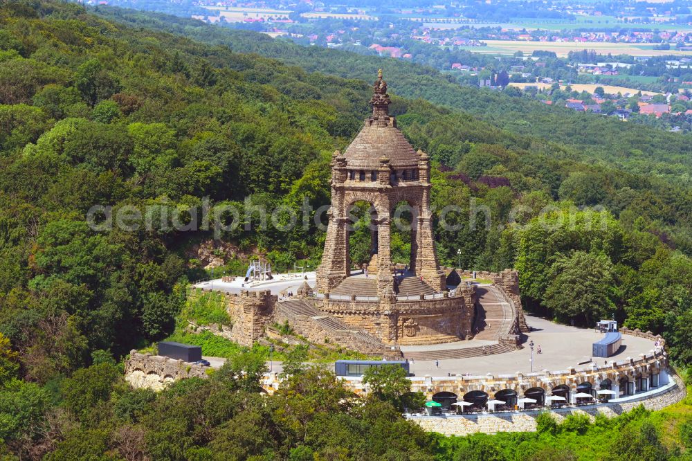 Aerial image Porta Westfalica - Tourist attraction of the historic monument Kaiser-Wilhelm-Denkmal in Porta Westfalica in the state North Rhine-Westphalia, Germany