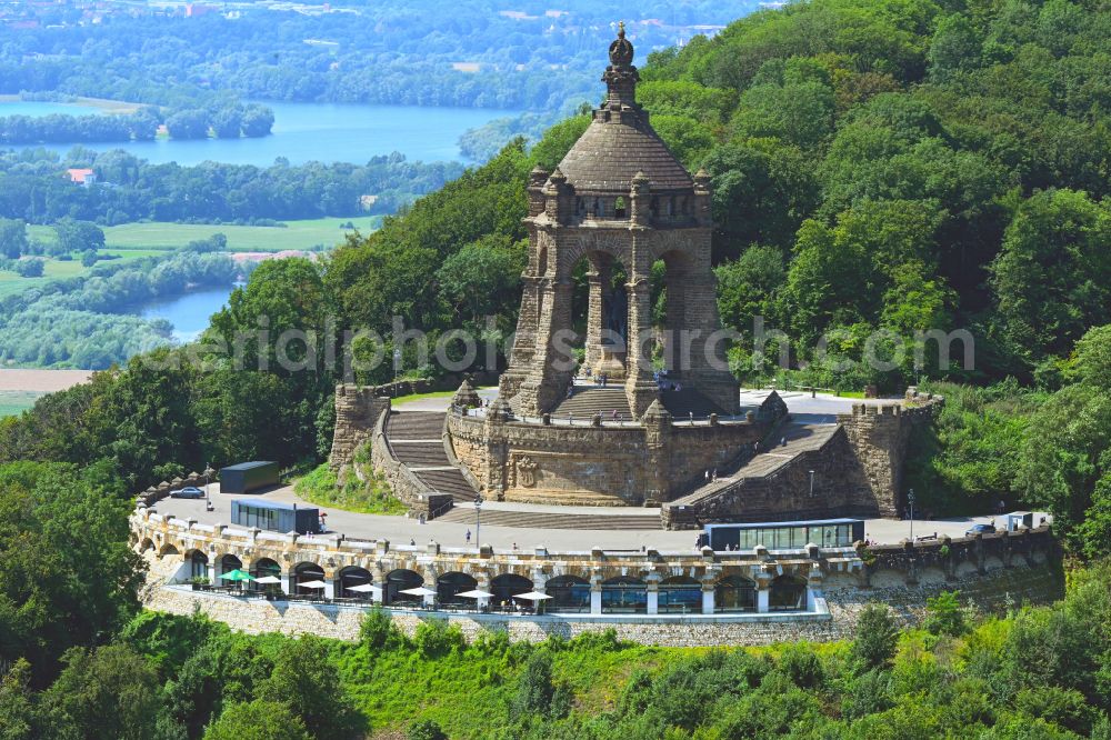 Porta Westfalica from above - Tourist attraction of the historic monument Kaiser-Wilhelm-Denkmal in Porta Westfalica in the state North Rhine-Westphalia, Germany