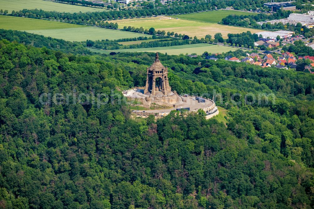 Porta Westfalica from above - Tourist attraction of the historic monument Kaiser-Wilhelm-Denkmal in Porta Westfalica in the state North Rhine-Westphalia, Germany