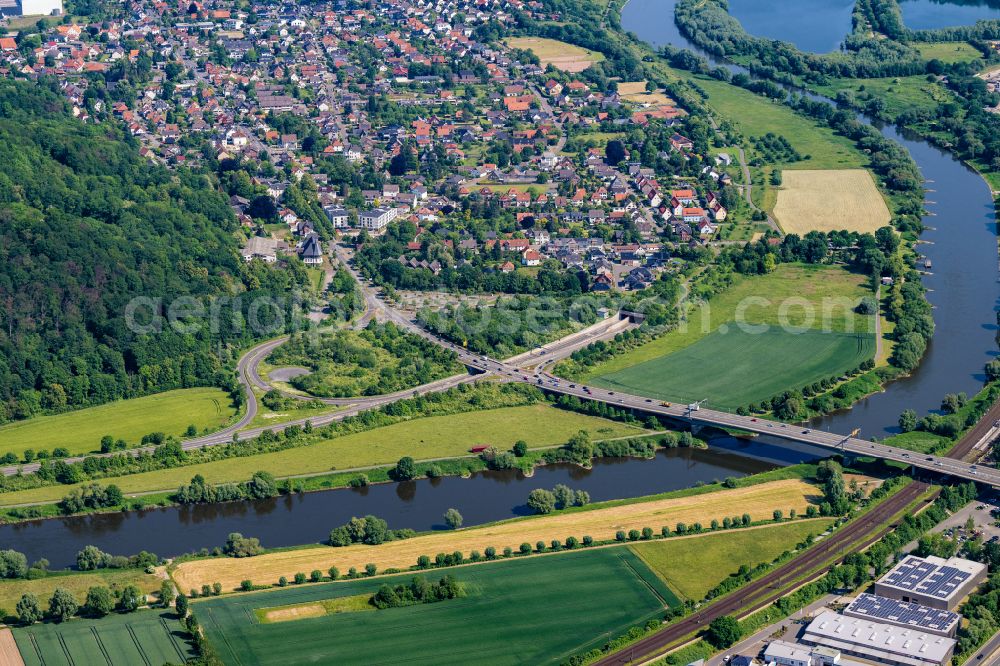 Porta Westfalica from the bird's eye view: Tourist attraction of the historic monument Kaiser-Wilhelm-Denkmal in Porta Westfalica in the state North Rhine-Westphalia, Germany