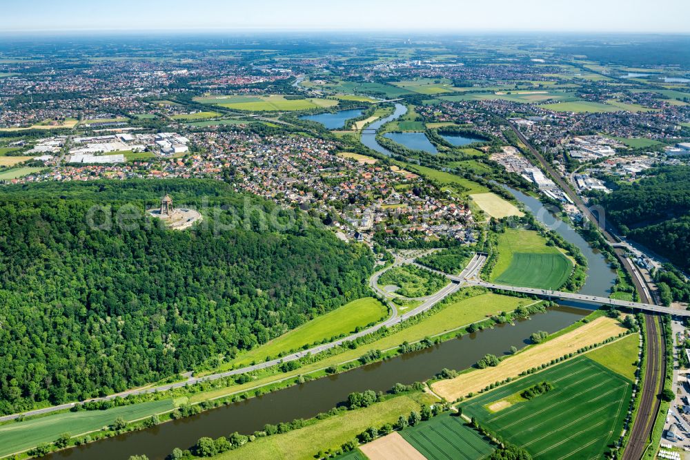 Aerial image Porta Westfalica - Tourist attraction of the historic monument Kaiser-Wilhelm-Denkmal in Porta Westfalica in the state North Rhine-Westphalia, Germany