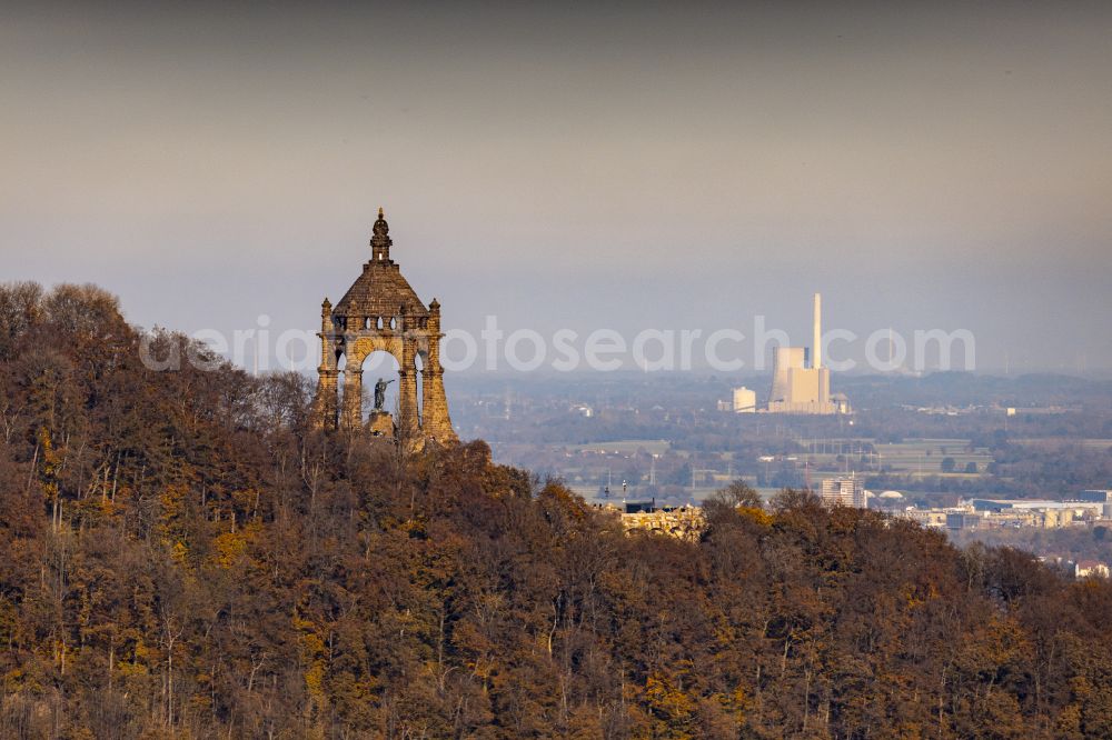 Barkhausen from above - Sightseeing and tourist attraction of the historical monument Kaiser Wilhelm Memorial in Porta Westfalica in the federal state of North Rhine-Westphalia, Germany