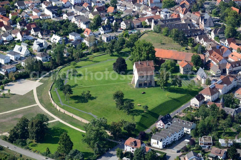 Aerial image Lorsch - Tourist attraction of the historic monument Kloster Lorsch on Nibelungenstrasse in Lorsch in the state Hesse