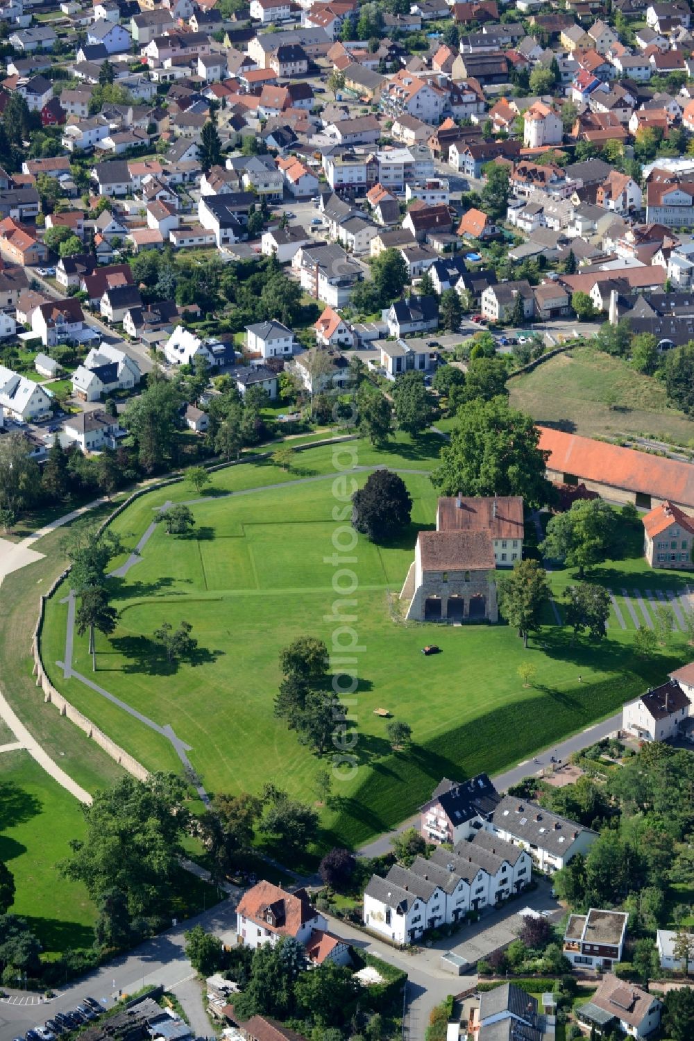 Lorsch from above - Tourist attraction of the historic monument Kloster Lorsch on Nibelungenstrasse in Lorsch in the state Hesse