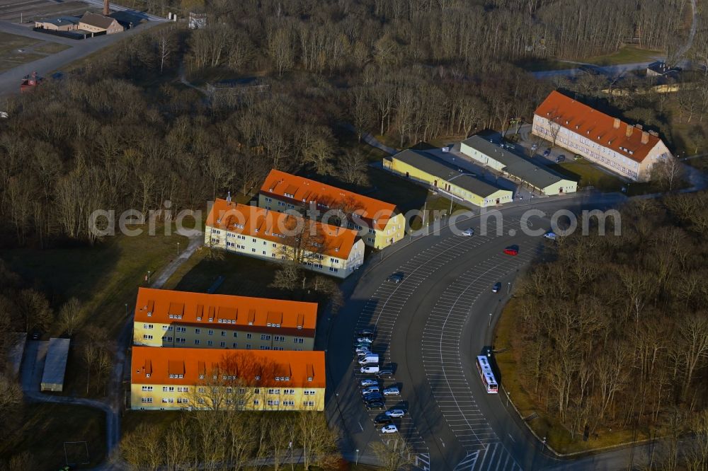 Buchenwald from the bird's eye view: Tourist attraction of the historic monument Gebaeude mit Information, Buchhandlung und Kinosaal on Gedenkstaette Buchenwald in Buchenwald in the state Thuringia, Germany