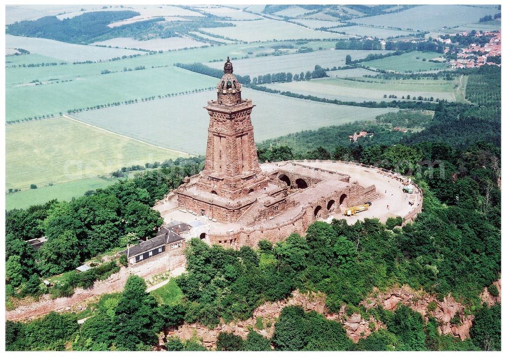 Kyffhäuserland from above - Tourist attraction of the historic monument Kyffhaeuserdenkmals bei Steinthaleben in Kyffhaeuserland in the state Thuringia