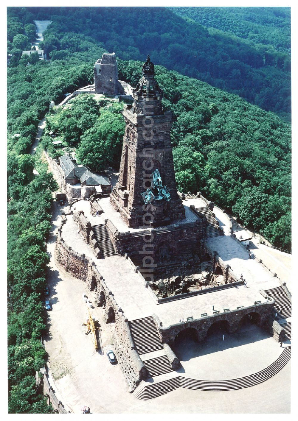 Kyffhäuserland from above - Tourist attraction of the historic monument Kyffhaeuserdenkmals bei Steinthaleben in Kyffhaeuserland in the state Thuringia