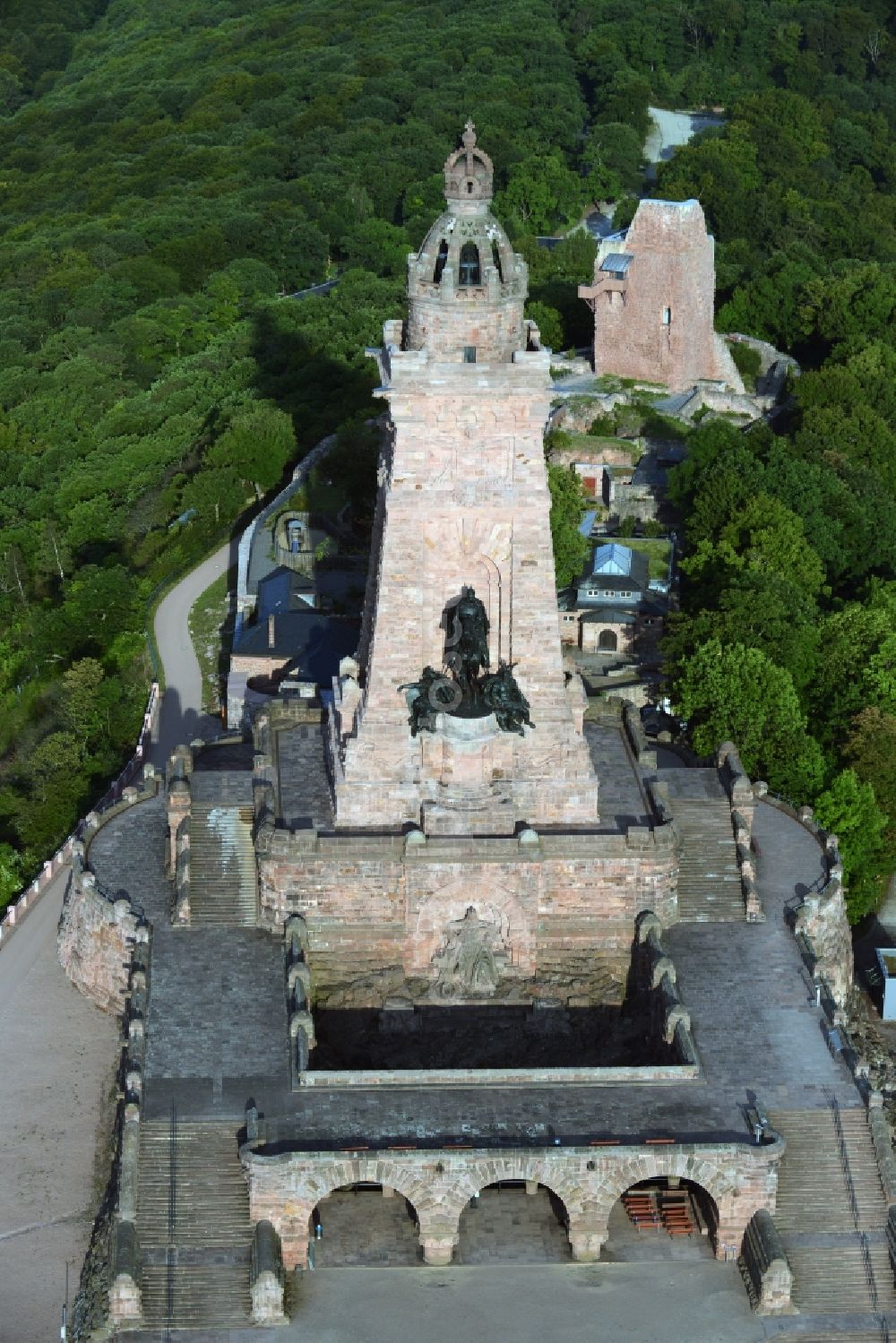 Kyffhäuserland from above - Tourist attraction of the historic monument Kyffhaeuserdenkmals bei Steinthaleben in Kyffhaeuserland in the state Thuringia