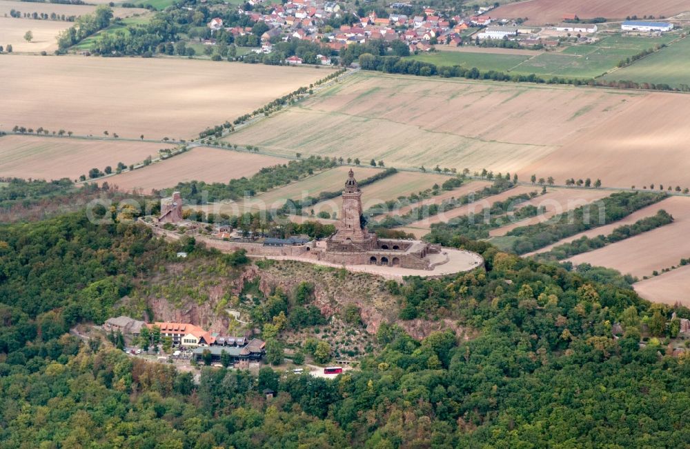 Kyffhäuserland from above - Tourist attraction of the historic monument Kyffhaeuserdenkmals bei Steinthaleben in Kyffhaeuserland in the state Thuringia