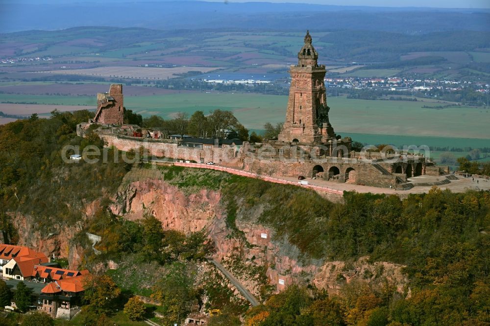 Aerial image Kyffhäuserland - Tourist attraction of the historic monument Kyffhaeuserdenkmals bei Steinthaleben in Kyffhaeuserland in the state Thuringia