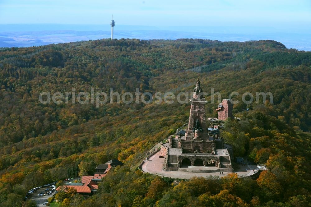 Kyffhäuserland from above - Tourist attraction of the historic monument Kyffhaeuserdenkmals bei Steinthaleben in Kyffhaeuserland in the state Thuringia