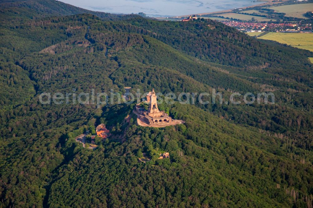 Kyffhäuserland from the bird's eye view: Tourist attraction of the historic monument Kyffhaeuserdenkmals bei Steinthaleben in Kyffhaeuserland in the state Thuringia