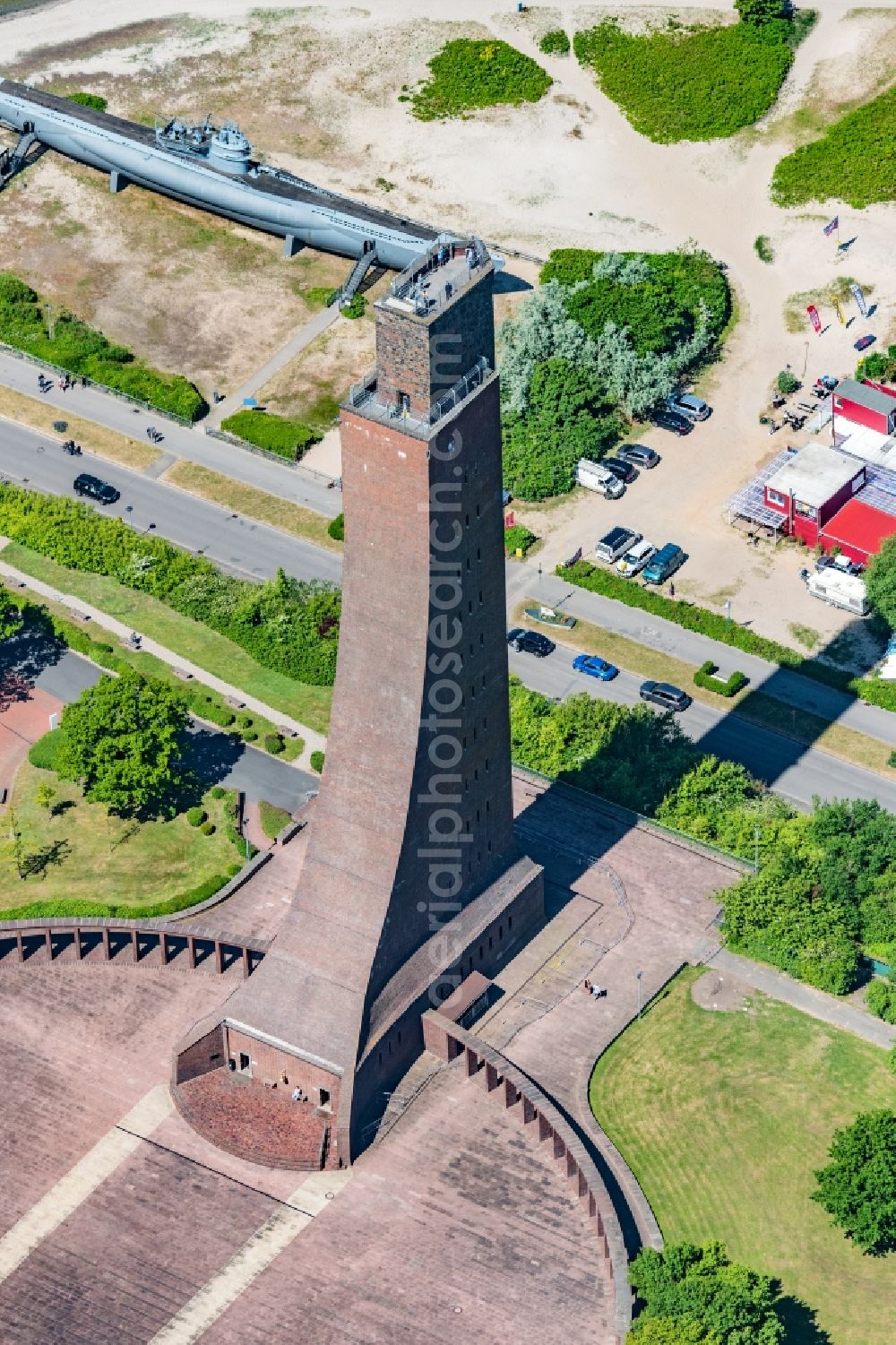 Aerial image Laboe - Tourist attraction of the historic monument Marines - Memorial of Germans U-boats at the beach in Laboe in the state Schleswig-Holstein