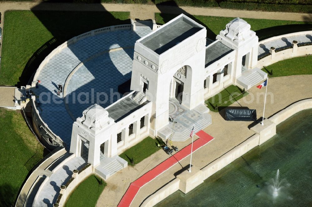 Marnes-la-Coquette from the bird's eye view: Tourist attraction of the historic monument Memorial de l'Escadrille la Fayette in Marnes-la-Coquette in Ile-de-France, France