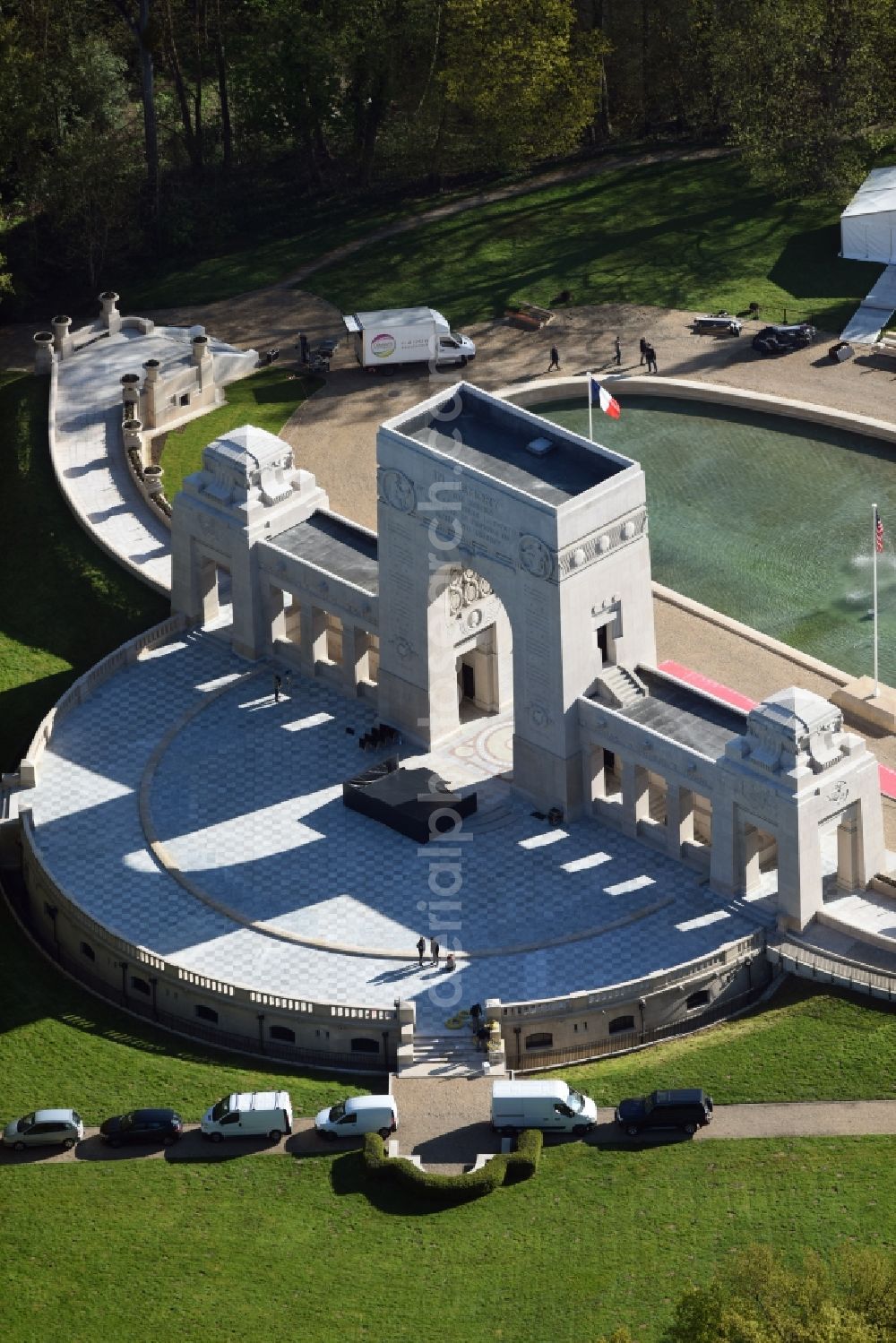 Paris Marnes-la-Coquette from above - Tourist attraction of the historic monument Memorial de l'Escadrille la Fayette in Paris Marnes-la-Coquette in Ile-de-France, France