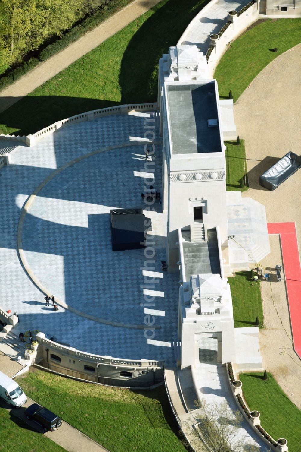 Aerial image Paris Marnes-la-Coquette - Tourist attraction of the historic monument Memorial de l'Escadrille la Fayette in Paris Marnes-la-Coquette in Ile-de-France, France