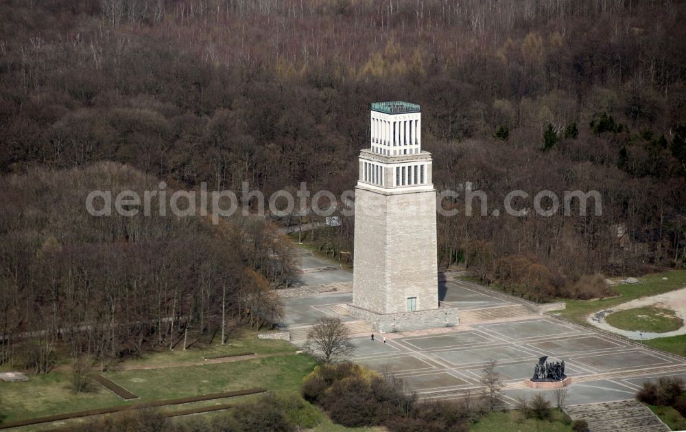 Weimar from above - Tourist attraction of the historic monument Nationale Mahn- and Gedenkstaette of DDR Buchenwald in the district Ettersberg in Weimar in the state Thuringia, Germany