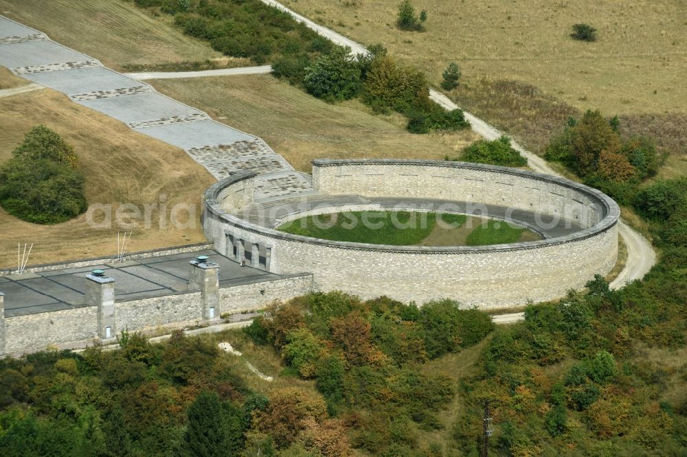 Weimar from above - Tourist attraction of the historic monument Nationale Mahn- and Gedenkstaette of DDR Buchenwald in the district Ettersberg in Weimar in the state Thuringia, Germany