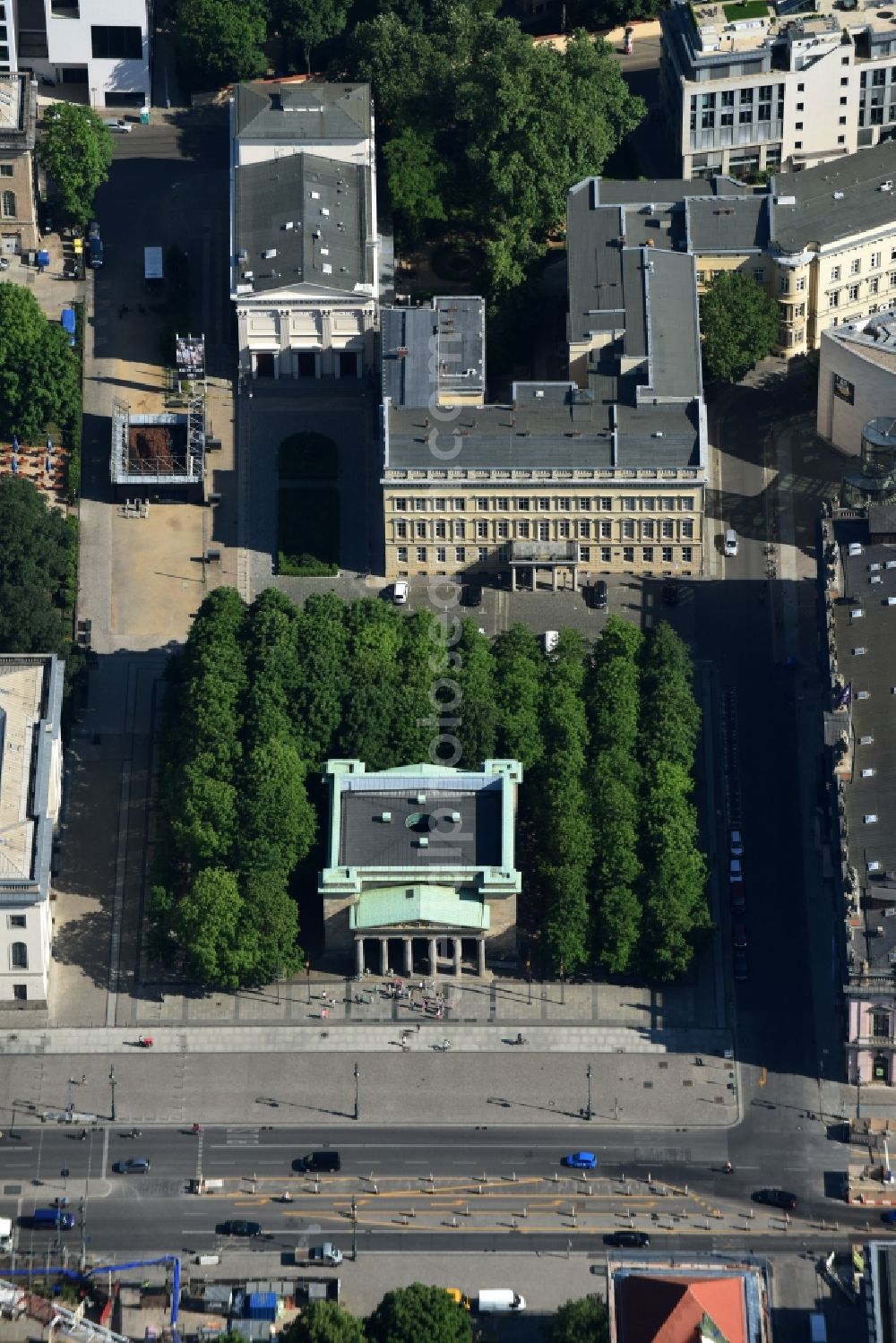 Berlin from above - Tourist attraction of the historic monument Neue Wache - Unter den Linden in Berlin, Germany