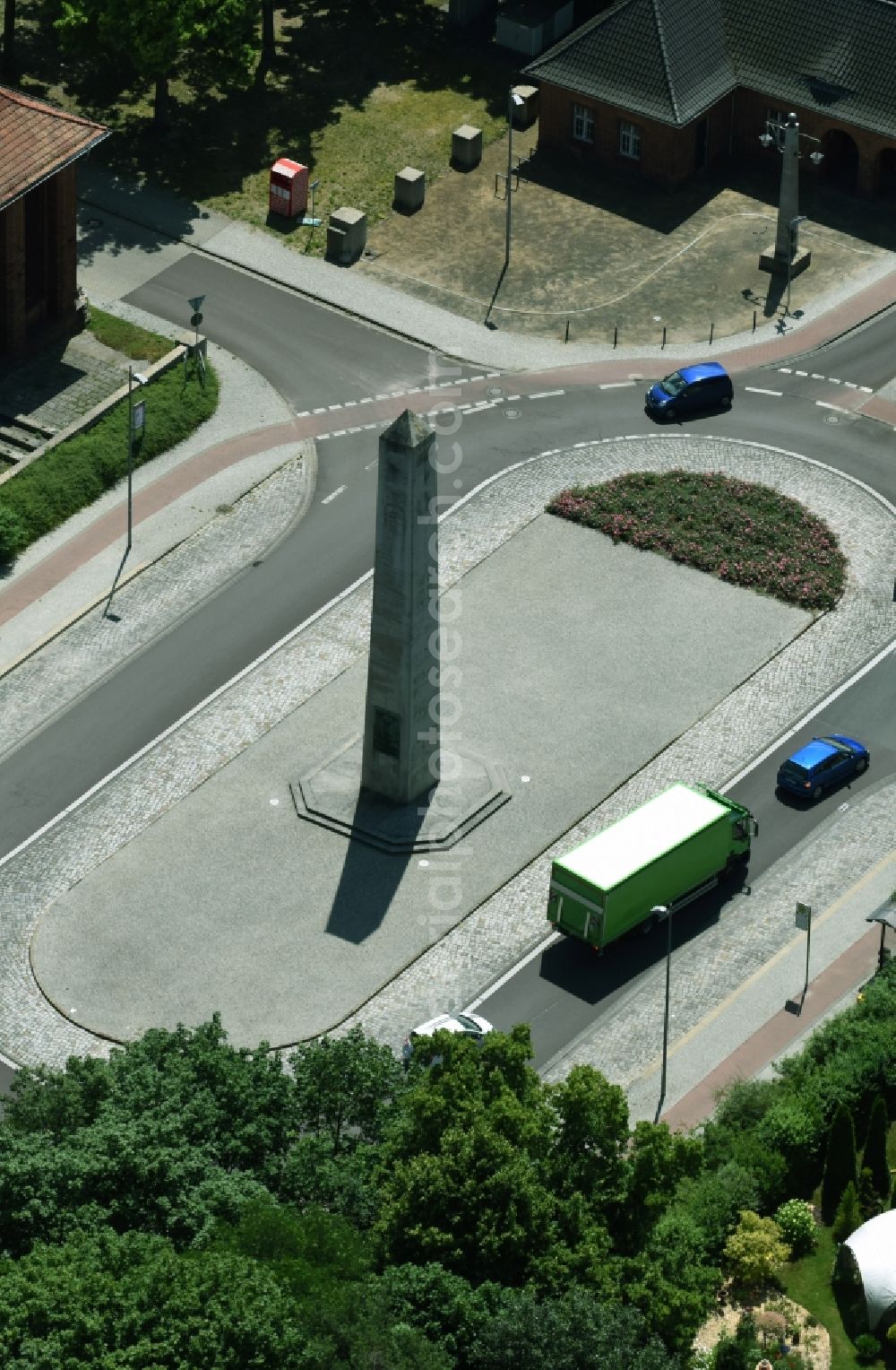 Kirchmöser West from above - Tourist attraction of the historic monument Obelisk am Seegraben in Kirchmoeser West in the state Brandenburg