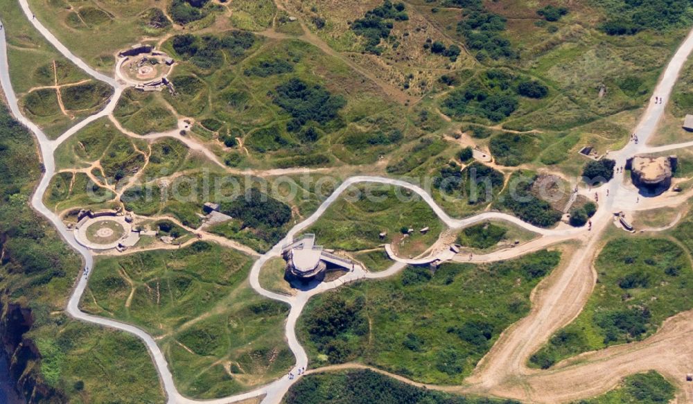 Cricqueville-en-Bessin from the bird's eye view: Tourist attraction of the historic monument La Pointe Du Hoc in Cricqueville-en-Bessin in Normandie, France