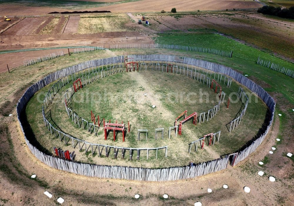 Pömmelte from above - Tourist attraction of the historic monument Ringheiligtum in Poemmelte in the state Saxony-Anhalt, Germany