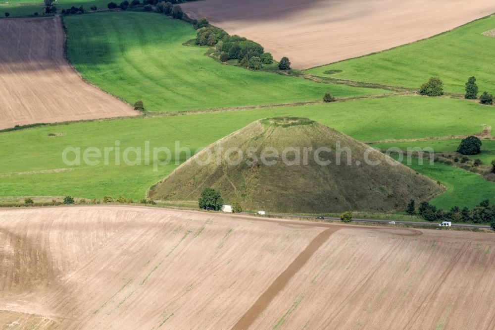 Aerial image Beckhampton - Tourist attraction of the historic monument Silbury Hill English Heritage in Beckhampton in United Kingdom