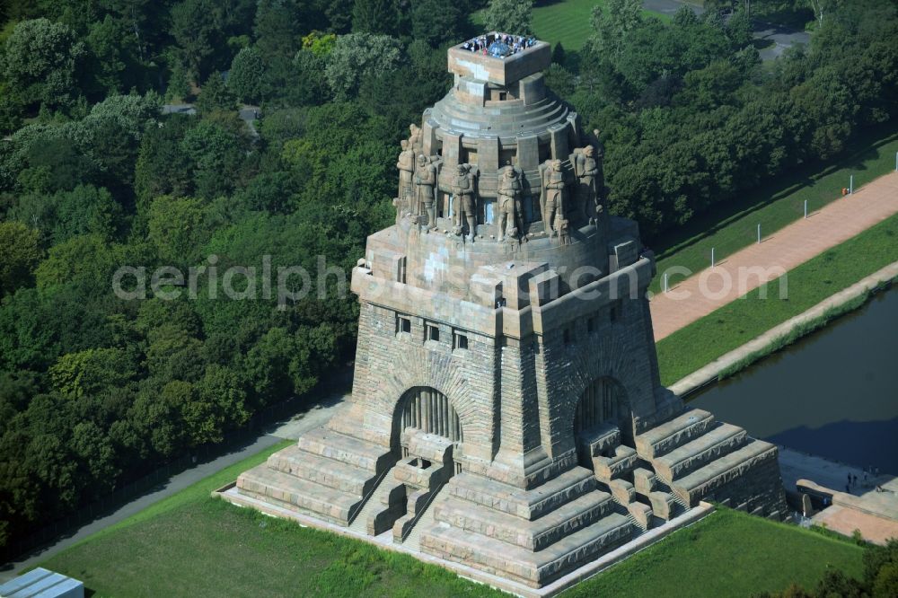 Aerial image Leipzig - Tourist attraction of the historic monument Voelkerschlachtdenkmal in Leipzig in the state Saxony