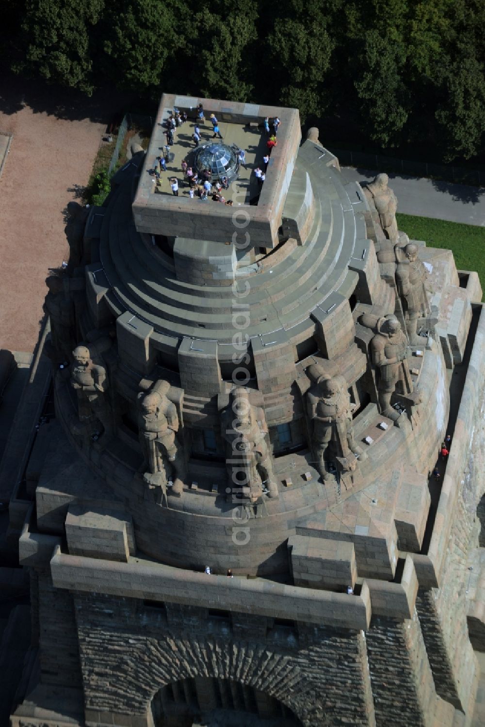 Leipzig from above - Tourist attraction of the historic monument Voelkerschlachtdenkmal in Leipzig in the state Saxony