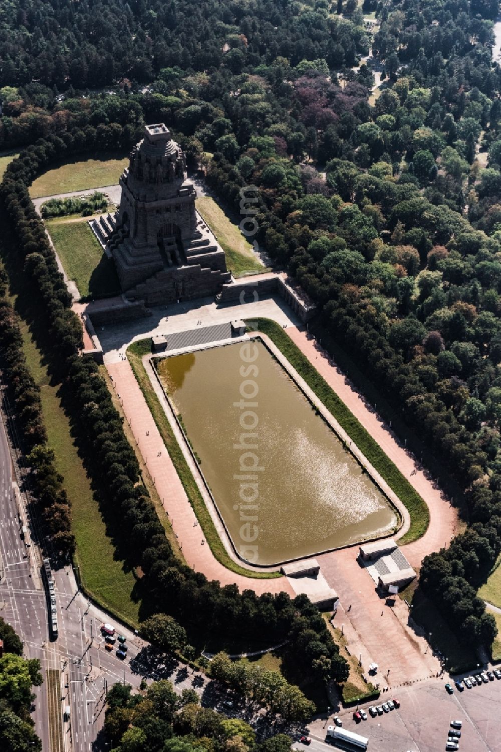 Leipzig from above - Tourist attraction of the historic monument Voelkerschlachtdenkmal on Strasse of 18. Oktober in Leipzig in the state Saxony, Germany