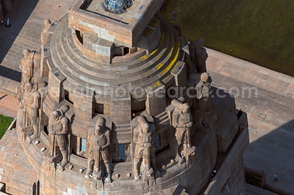 Aerial image Leipzig - Tourist attraction of the historic monument Voelkerschlachtdenkmal on Strasse of 18. Oktober in Leipzig in the state Saxony, Germany