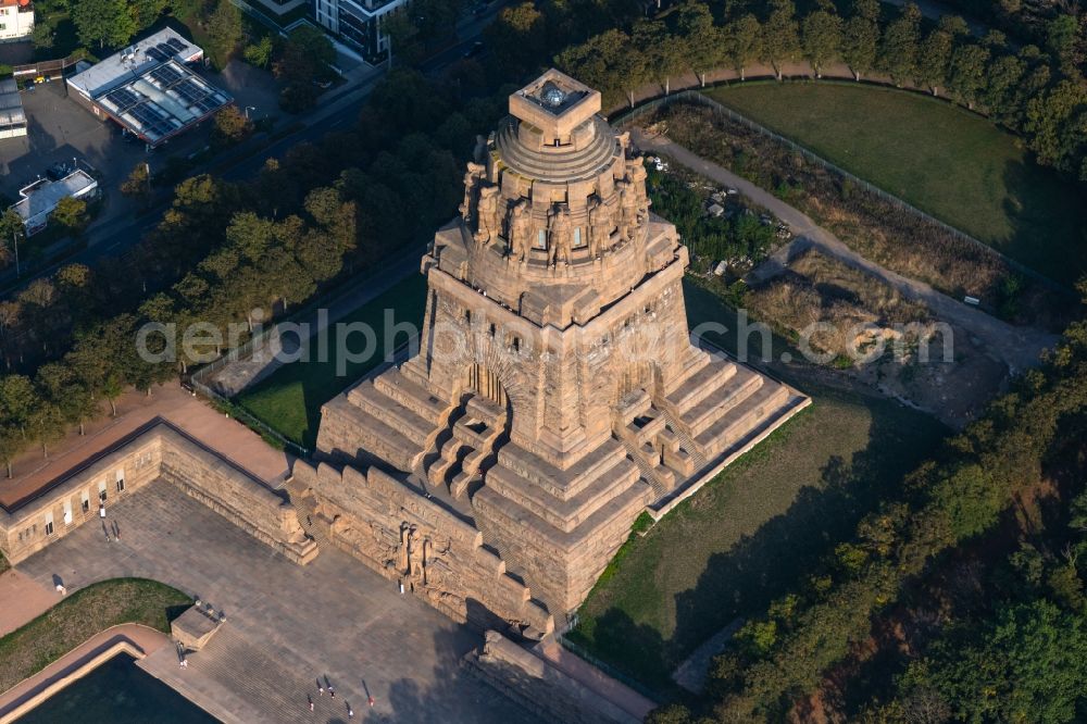 Leipzig from above - Tourist attraction of the historic monument Voelkerschlachtdenkmal on Strasse of 18. Oktober in Leipzig in the state Saxony, Germany