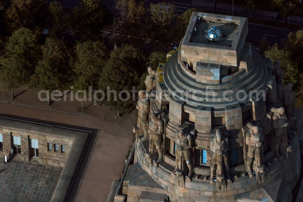 Aerial image Leipzig - Tourist attraction of the historic monument Voelkerschlachtdenkmal on Strasse of 18. Oktober in Leipzig in the state Saxony, Germany