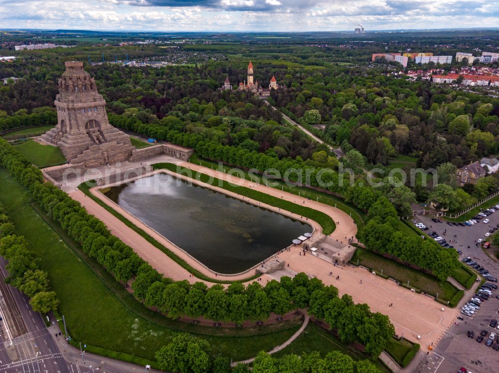 Leipzig from above - Tourist attraction of the historic monument Voelkerschlachtdenkmal on Strasse of 18. Oktober in Leipzig in the state Saxony, Germany